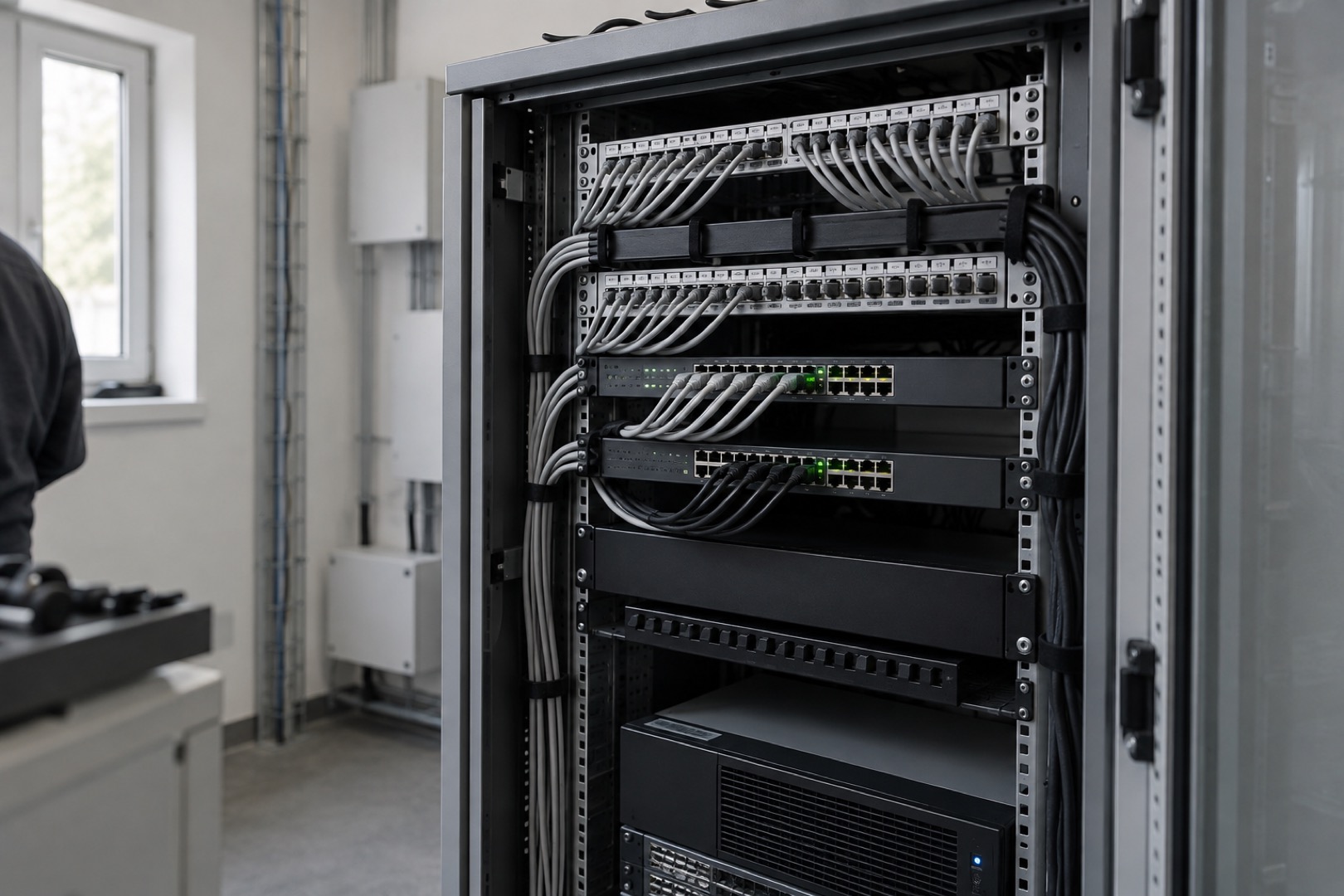 Netzwerkschrank mit Patchpanel und Switches