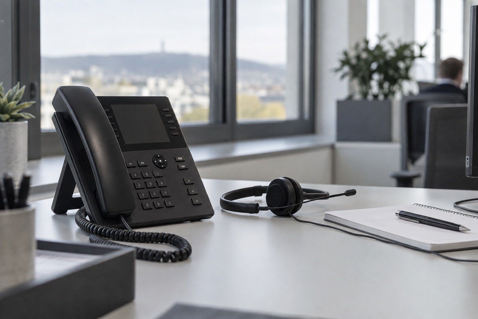 IP-Tischtelefon und Headset an einem Büroarbeitsplatz